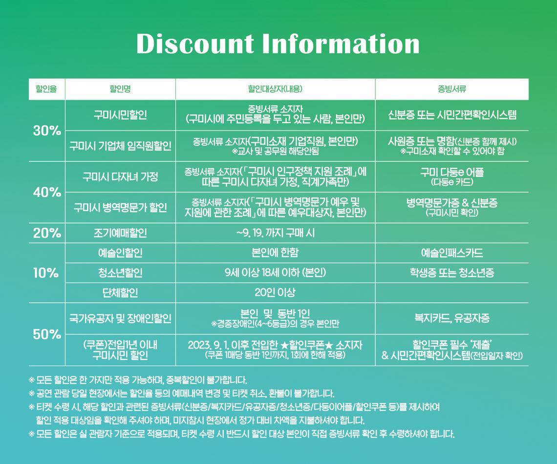 조기예매20%(~9/19), 구미시민30%, 구미시다자녀가정ㆍ병역명문가40%, 전입1년이내 구미시민50% 등