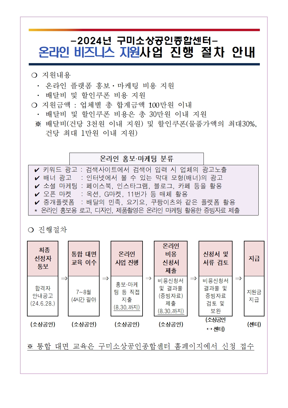 2024년 「온라인 비즈니스지원사업」 비용신청서 제출 재안내 첨부 이미지