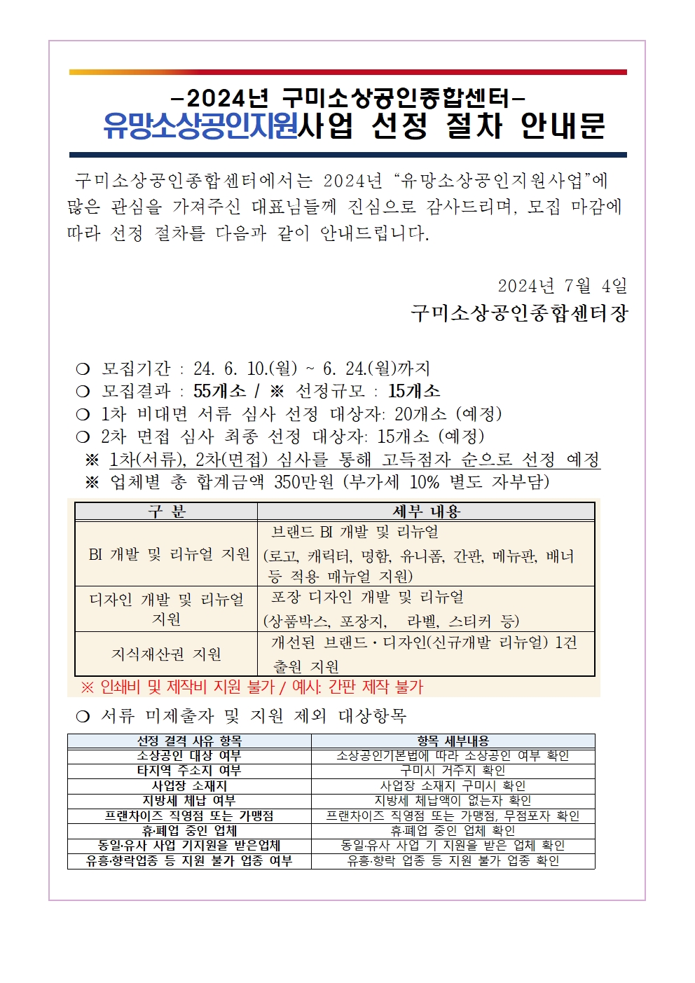 2024년 「유망소상공인지원사업」 선정 절차 안내문 첨부 이미지