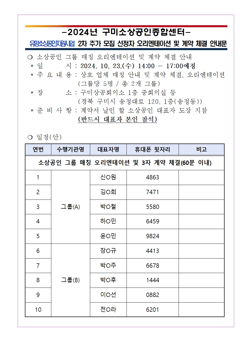 「유망소상공인지원사업」 2차 추가 모집 최종합격자 3자 계약 체결 참석 안내 첨부 이미지