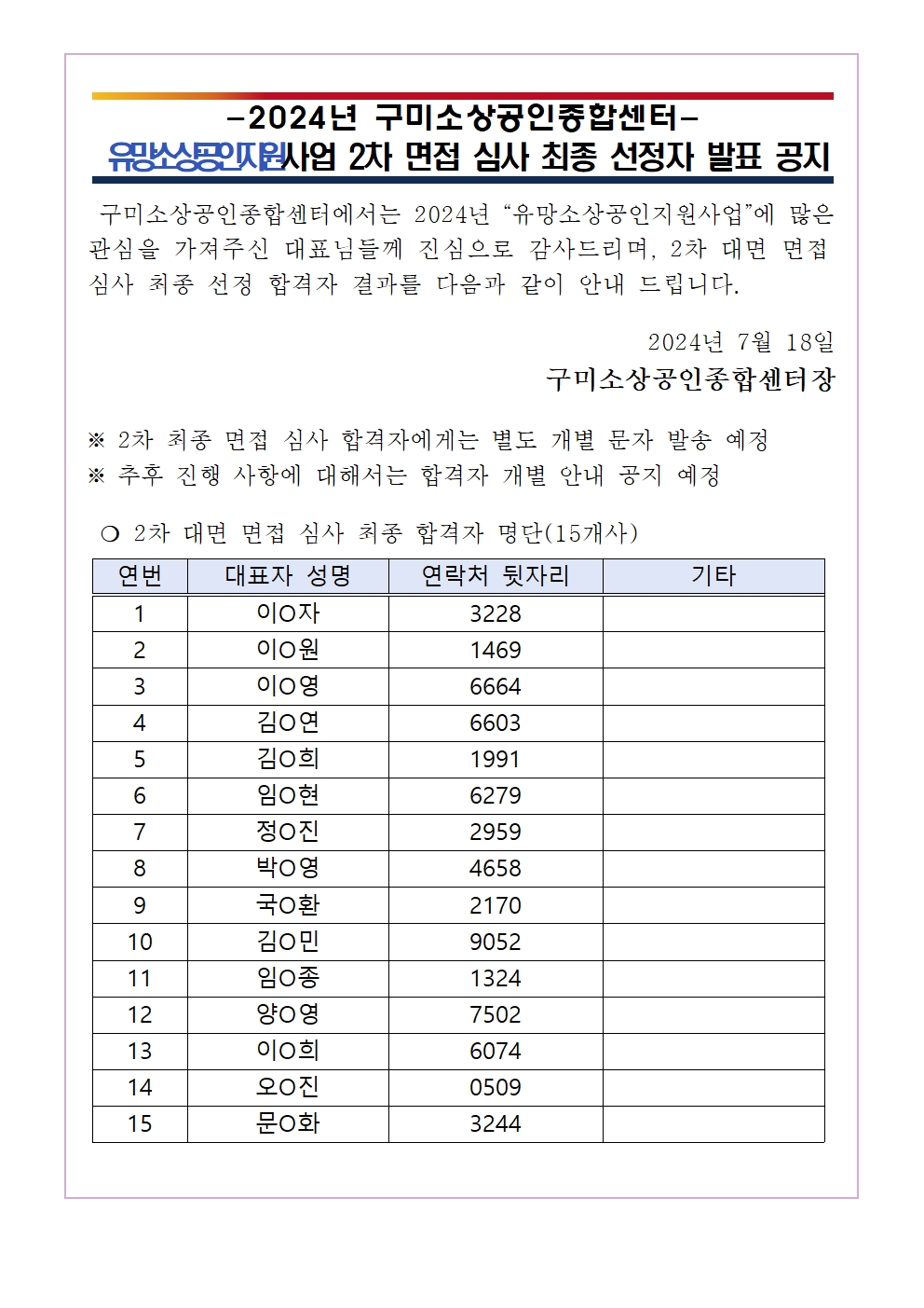 [2차 면접 최종 합격자] 유망소상공인지원사업 합격자 안내 첨부 이미지