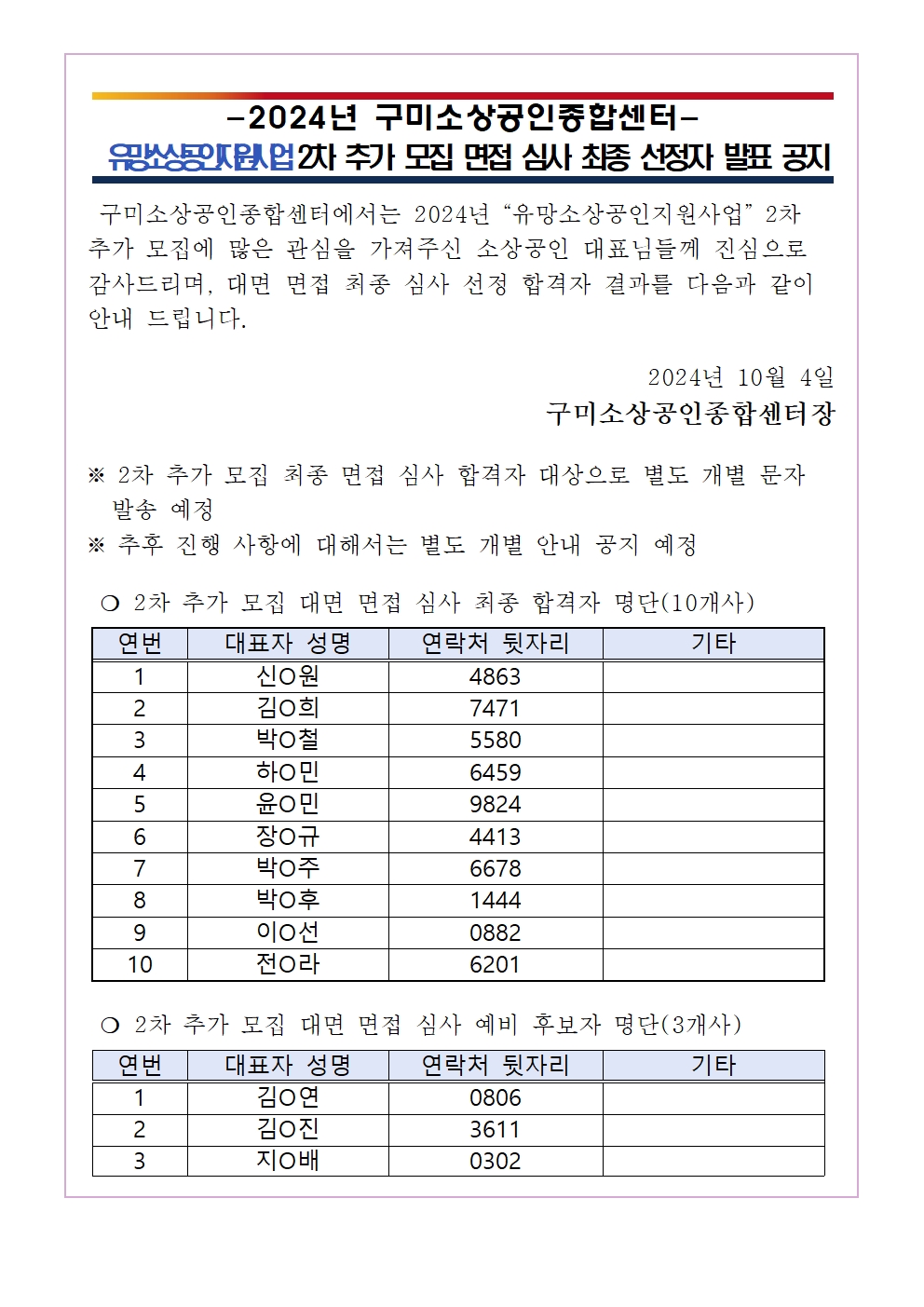 [2차 면접 최종 합격자]유망소상공인지원사업 2차 추가 모집 합격자 안내 첨부 이미지